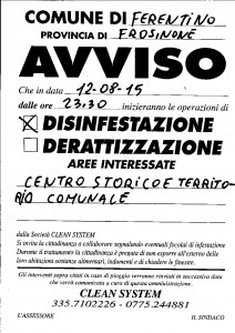 Comune Ferentino Avviso disinfestazione 12 agosto